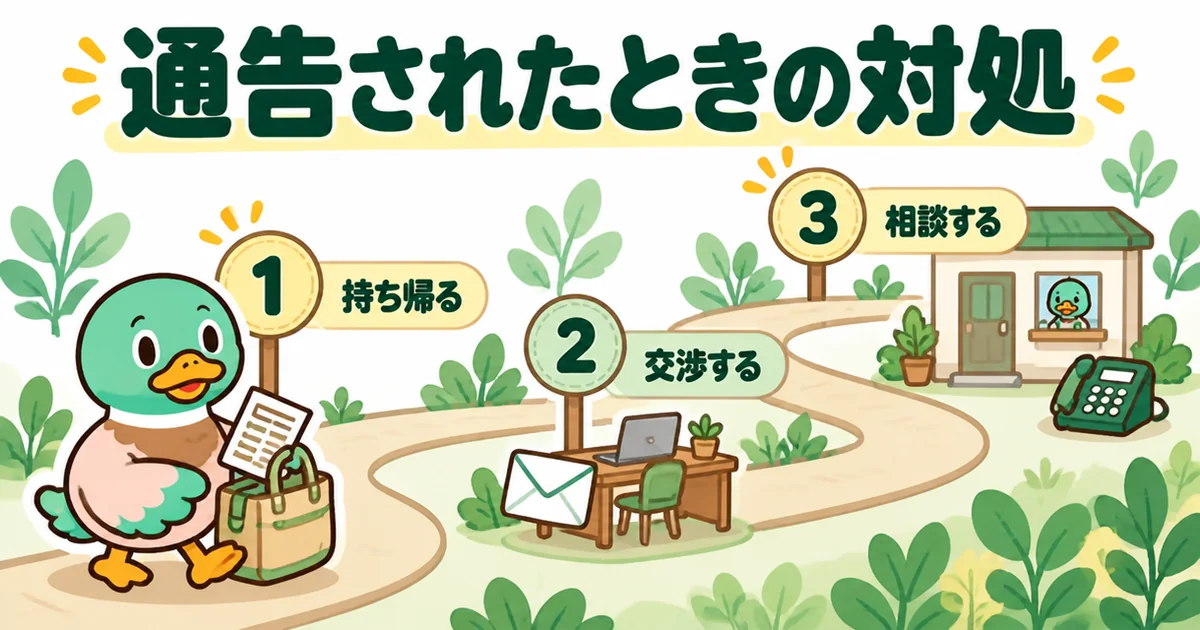 家賃値上げを通告されたときの対処を、持ち帰る・交渉する・相談するの3ステップの道で示すあいみつの図解。