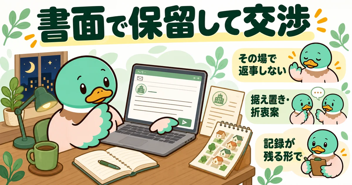 家賃値上げにその場で返事をせず、据え置きや折衷案をメールなど記録が残る形で交渉するあいみつのイラスト。