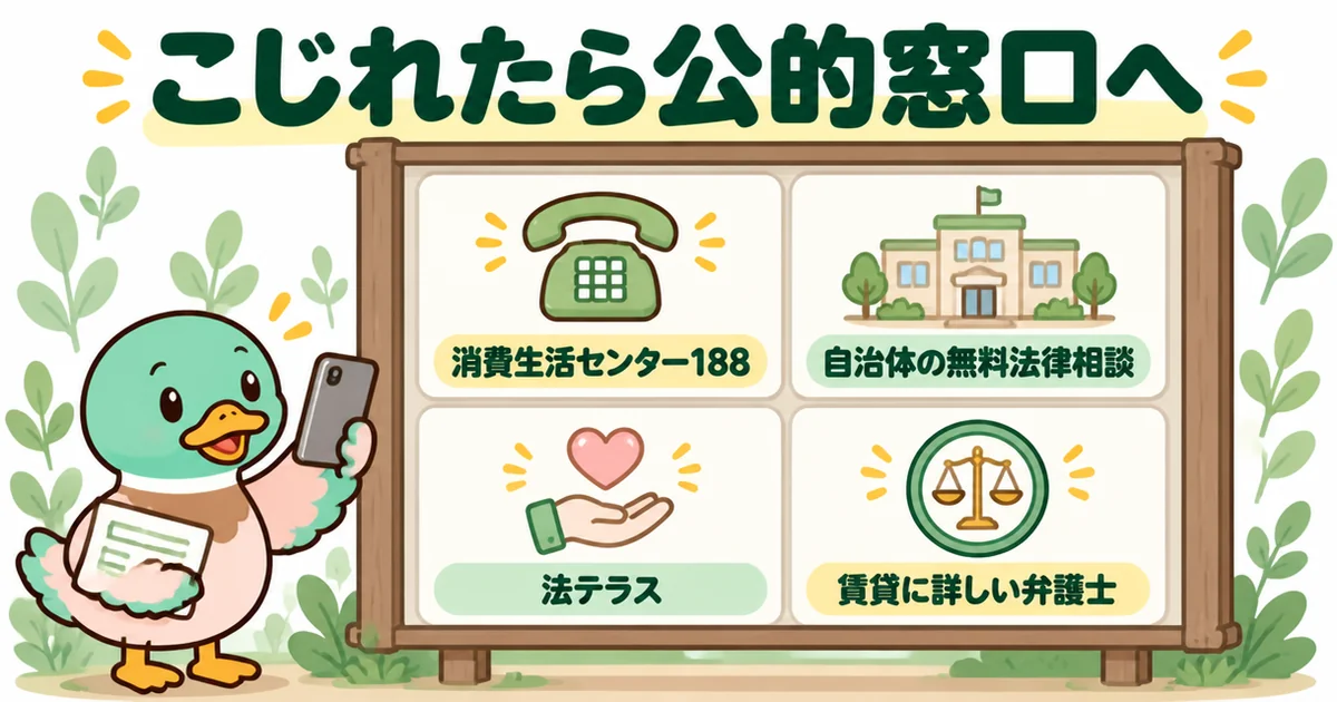 家賃値上げの交渉がこじれたときの相談先として、消費生活センター188や無料法律相談など4つの窓口を並べた案内板の図解。