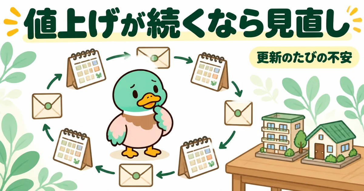 更新のたびに家賃値上げの不安がくり返すなら住まいの見直しも考えることを、回り続ける輪で表したあいみつのイラスト。