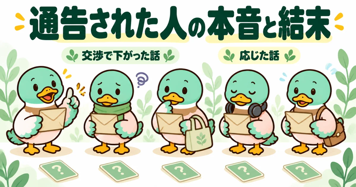 家賃値上げを通告された5人の本音と結末を、通知を持つ5羽のカモと裏向きのカードで紹介するイラスト。