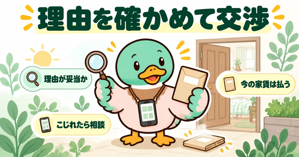 家賃値上げは理由が妥当かを確かめ、今の家賃は払いながら交渉し、こじれたら相談するというまとめを3つの持ち物で示すあいみつ。