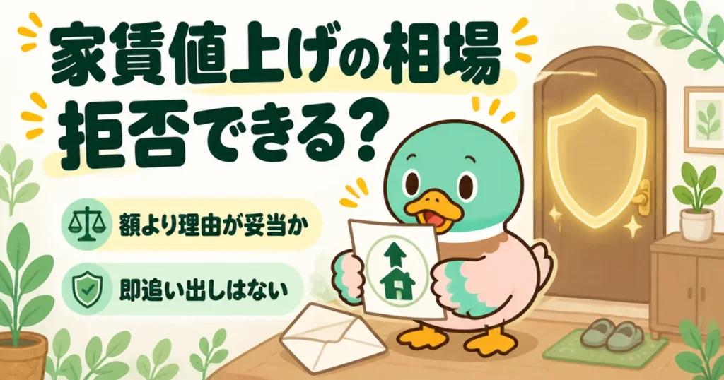 家賃値上げの相場と拒否できるかを知りたい人向けに、玄関で値上げの通知書を開いて固まるあいみつのイラスト。