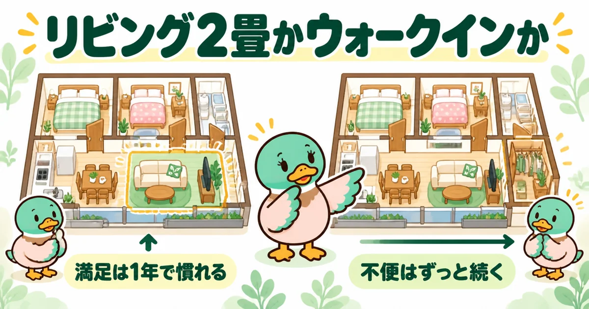狭小住宅でリビングを2畳広げた満足は1年で慣れ、収納の不便はずっと続くという後悔を2枚の間取りで比べた図解。