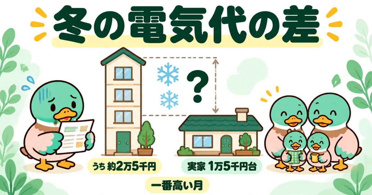 断熱を標準のままにした狭小住宅の冬の電気代は一番高い月で約2万5千円、同じくらいの広さの実家は1万5千円台という体験談の棒グラフ。