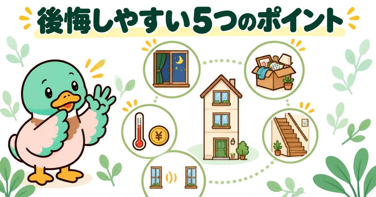 都内の狭小住宅で後悔しやすい採光・収納・階段・隣家との距離・光熱費の5つを、番号つきのアイコンの輪で示したイラスト。