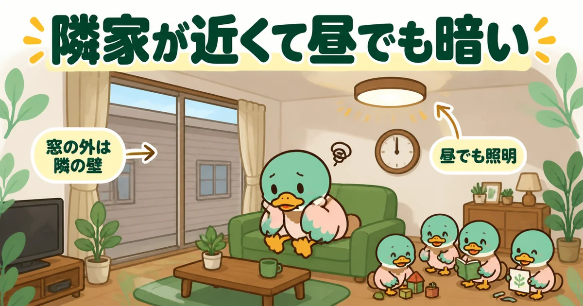都内の狭小住宅で、隣家が近く窓の外が壁になり昼でも照明をつけている暗い1階リビングとあいみつのイラスト。
