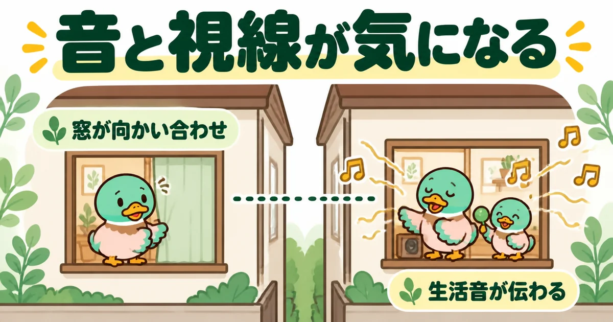 都内の狭小住宅で隣家と窓が向かい合わせになり、音と視線が気になってカーテンを閉めるあいみつのイラスト。