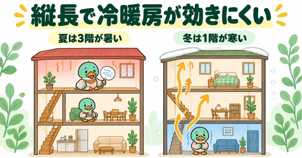 狭小住宅の縦長の3階建てで、夏は3階が暑く冬は1階が寒くなり冷暖房が効きにくいことを色分けで示したイラスト。