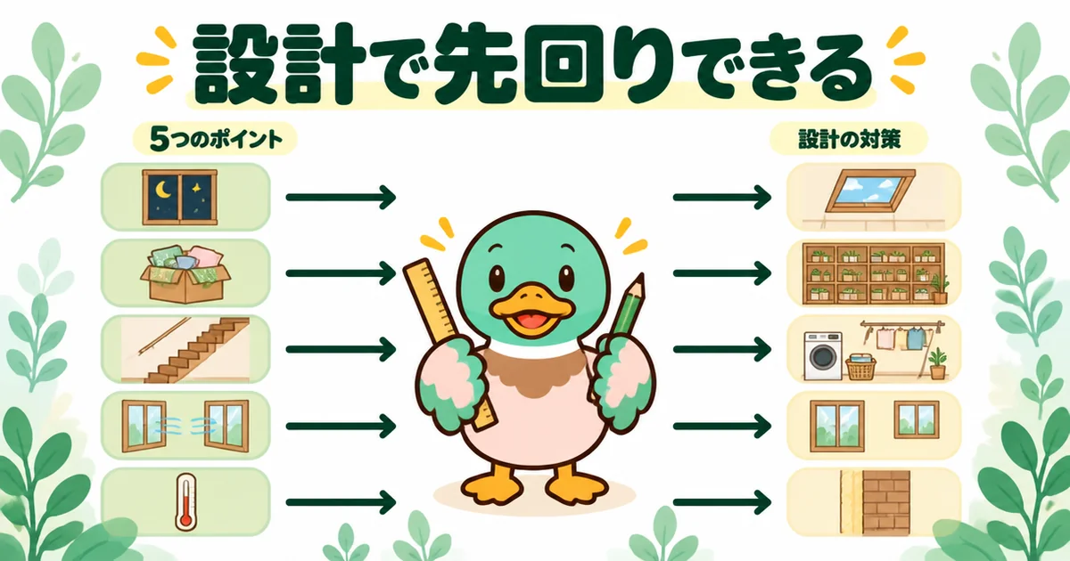 都内の狭小住宅の後悔ポイント5つは設計で先回りできることを、ポイントと対策を線で結んだ対応表で示すイラスト。