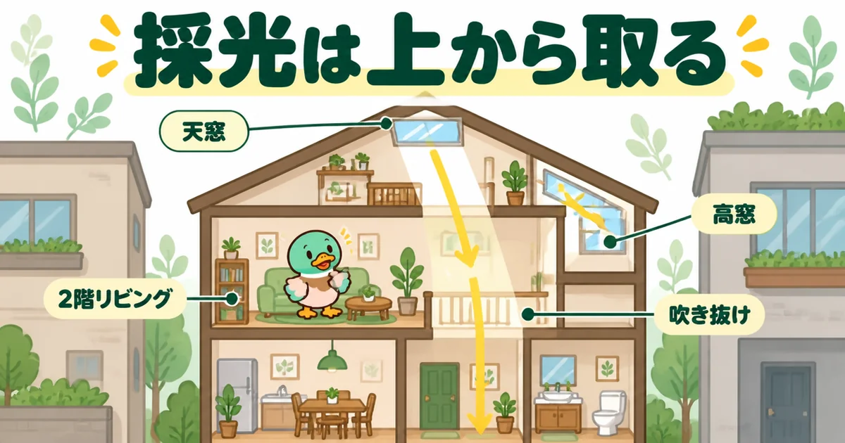 狭小住宅の採光を天窓・高窓・吹き抜け・2階リビングで上から取る様子を、光の矢印で示した断面のイラスト。