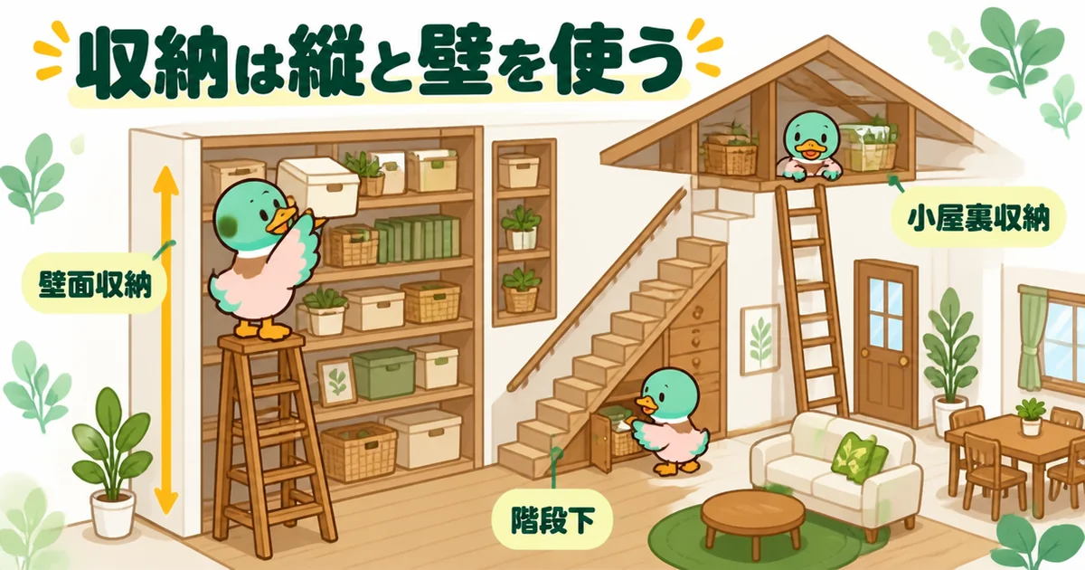 狭小住宅の収納を、天井までの壁面収納・階段下・小屋裏収納と縦方向に仕込む様子を描いた室内のイラスト。