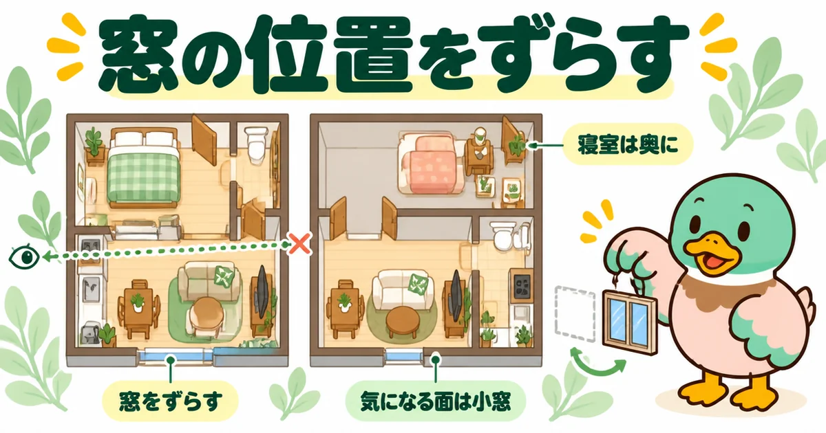都内の狭小住宅で、隣家と向かい合わないよう窓の位置をずらし、寝室を奥に置いて音と視線を逃がす配置図のイラスト。