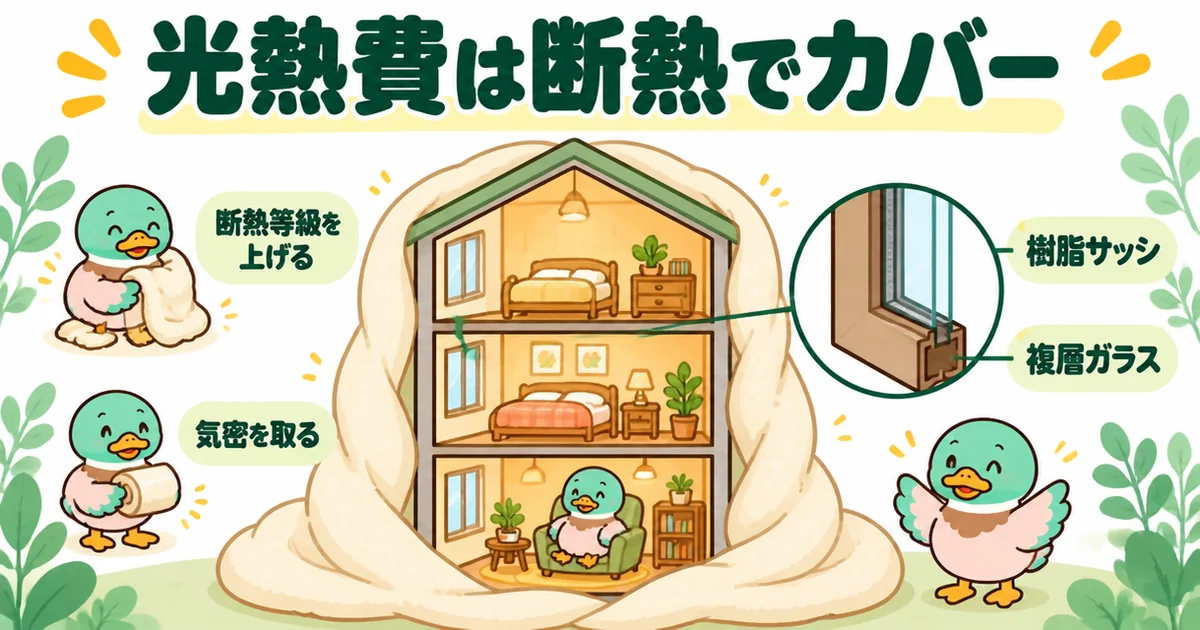 狭小住宅の光熱費を、断熱等級・樹脂サッシ・複層ガラス・気密でカバーすることを毛布にくるまれた縦長の家で表したイラスト。