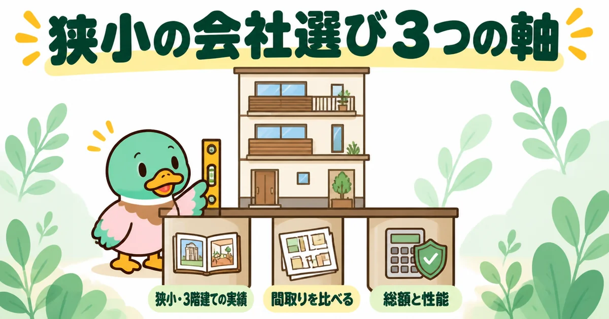 都内の狭小住宅の会社選びを、狭小・3階建ての実績、間取りの比較、総額と性能の3本の柱で示したイラスト。