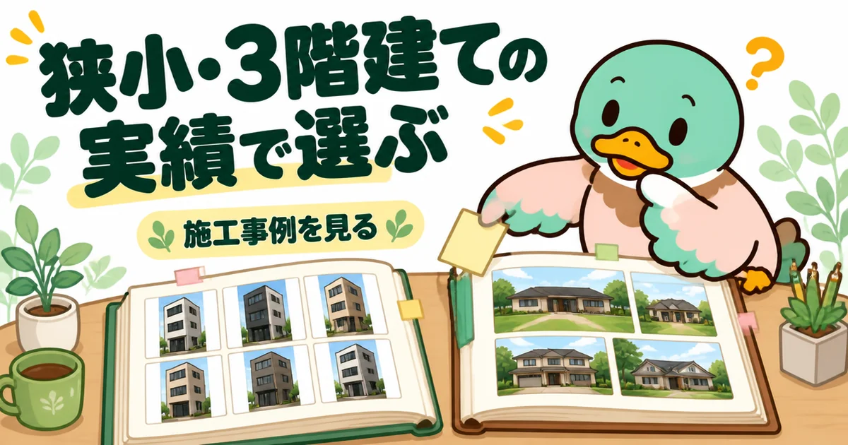 狭小住宅の会社を、施工事例に狭小・3階建てが多いかどうかをアルバムで見比べて選ぶあいみつのイラスト。