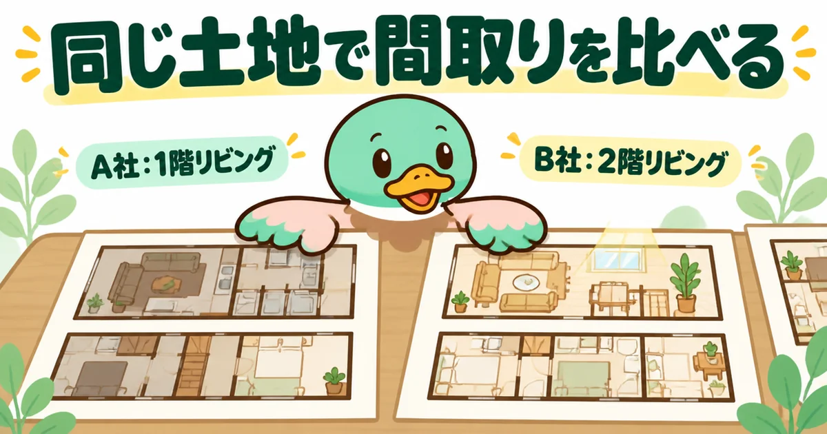 同じ狭小住宅の土地でも会社で間取りが違うことを、1階リビングの案と2階リビングの案を机に並べて比べるイラスト。