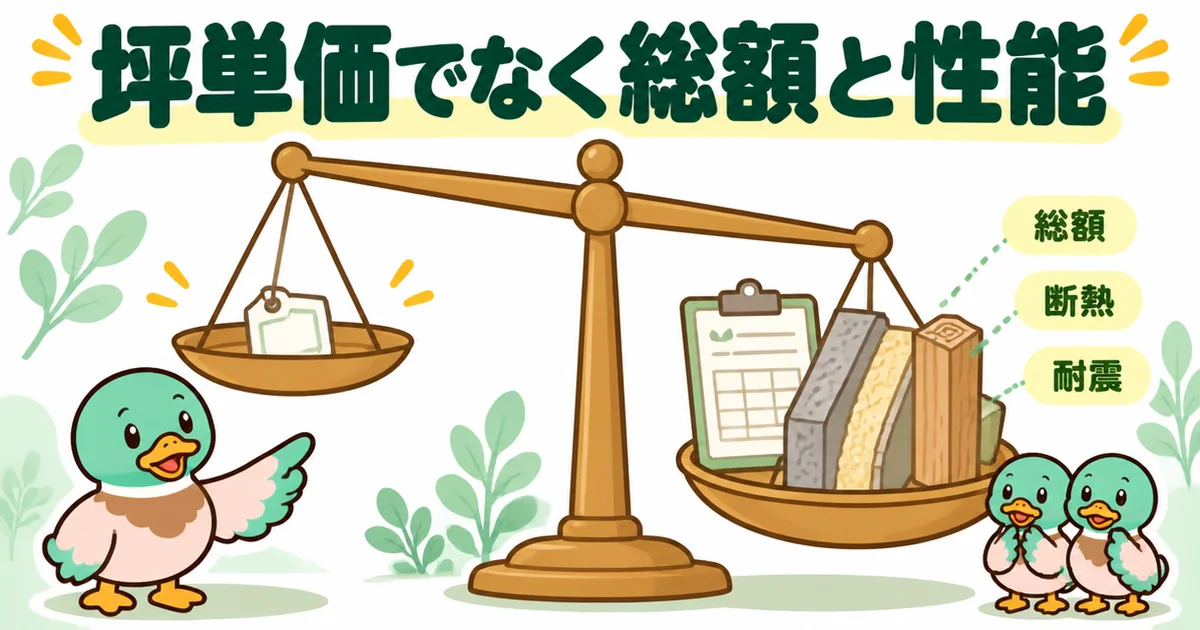 狭小住宅は坪単価ではなく、総額と断熱・耐震などの性能で判断することを天秤で表したイラスト。