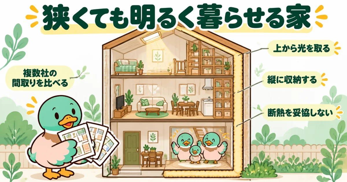都内の狭小住宅でも、上から光を取り縦に収納して断熱を妥協しなければ明るく暮らせることを示す、まとめの一軒のイラスト。