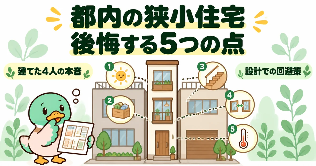 都内の狭小住宅で後悔しやすい5つの点を、隣家に挟まれた細い3階建てと番号つきのアイコン、見上げるあいみつで表したイラスト。
