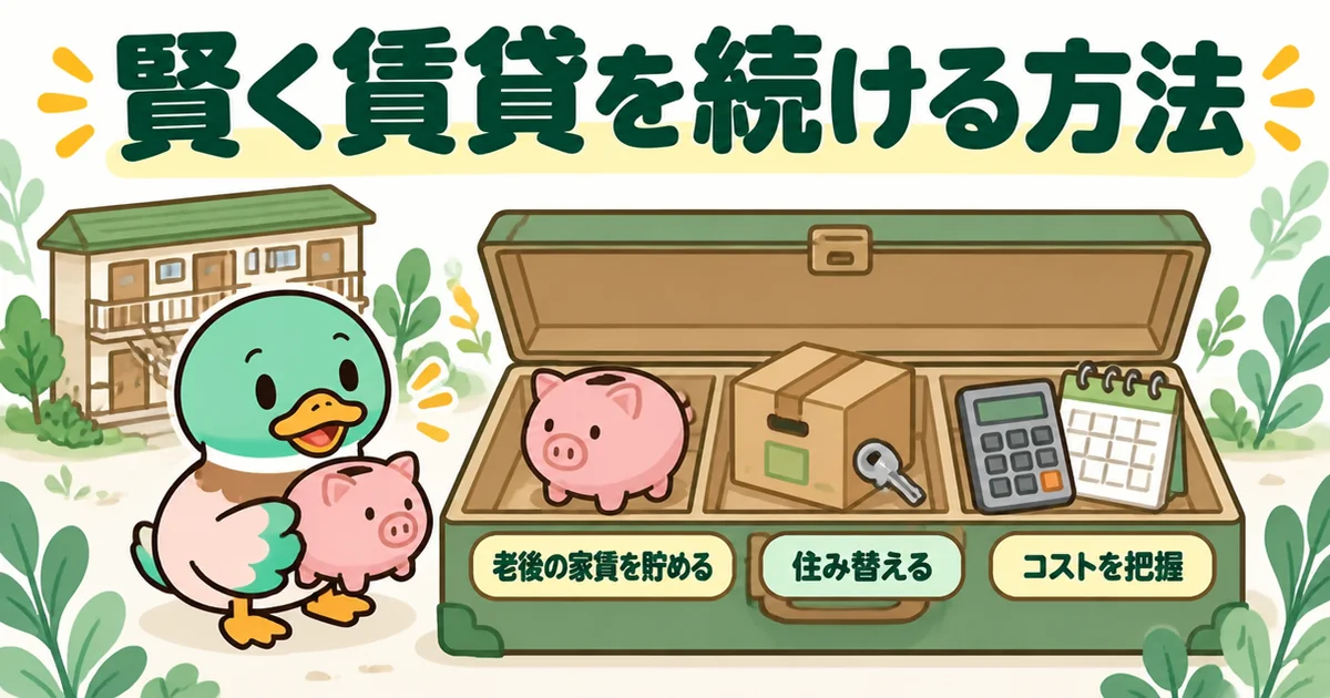 一生賃貸の末路を避けて賢く続けるための、老後の家賃を貯める・住み替える・コストを把握の3つの道具を示すイラスト。