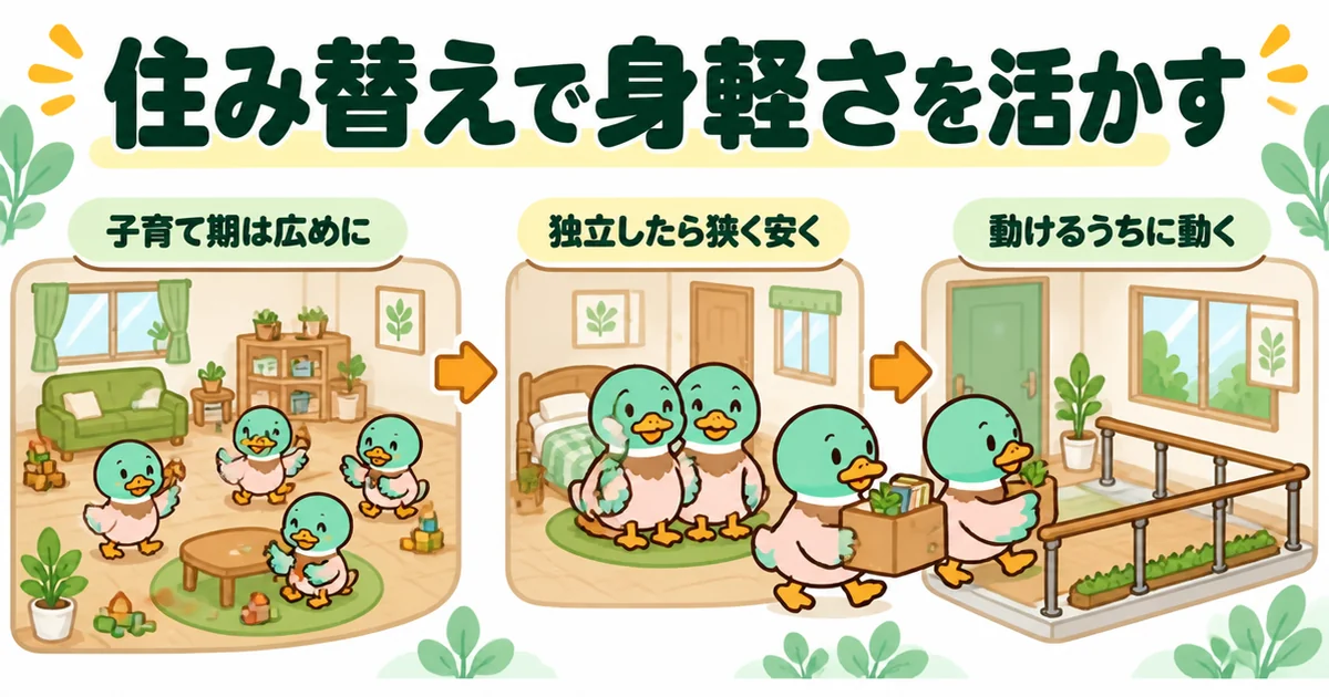一生賃貸を賢く続けるため、子育て期は広め、独立後は狭く安く、動けるうちにバリアフリーの部屋へ住み替える流れのイラスト。