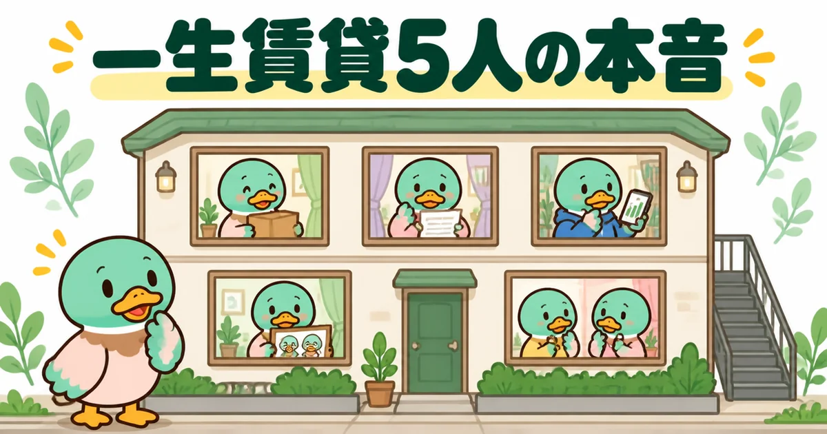 一生賃貸を選んだ人や迷っている人5人の本音を、アパートの5つの窓から顔を出すカモたちで示したイラスト。