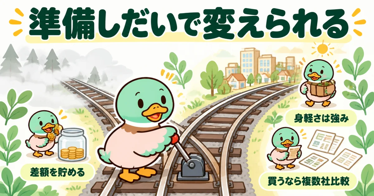 一生賃貸の末路は準備しだいで変えられることを、線路のポイントを明るい街のほうへ切り替えるあいみつで示すイラスト。