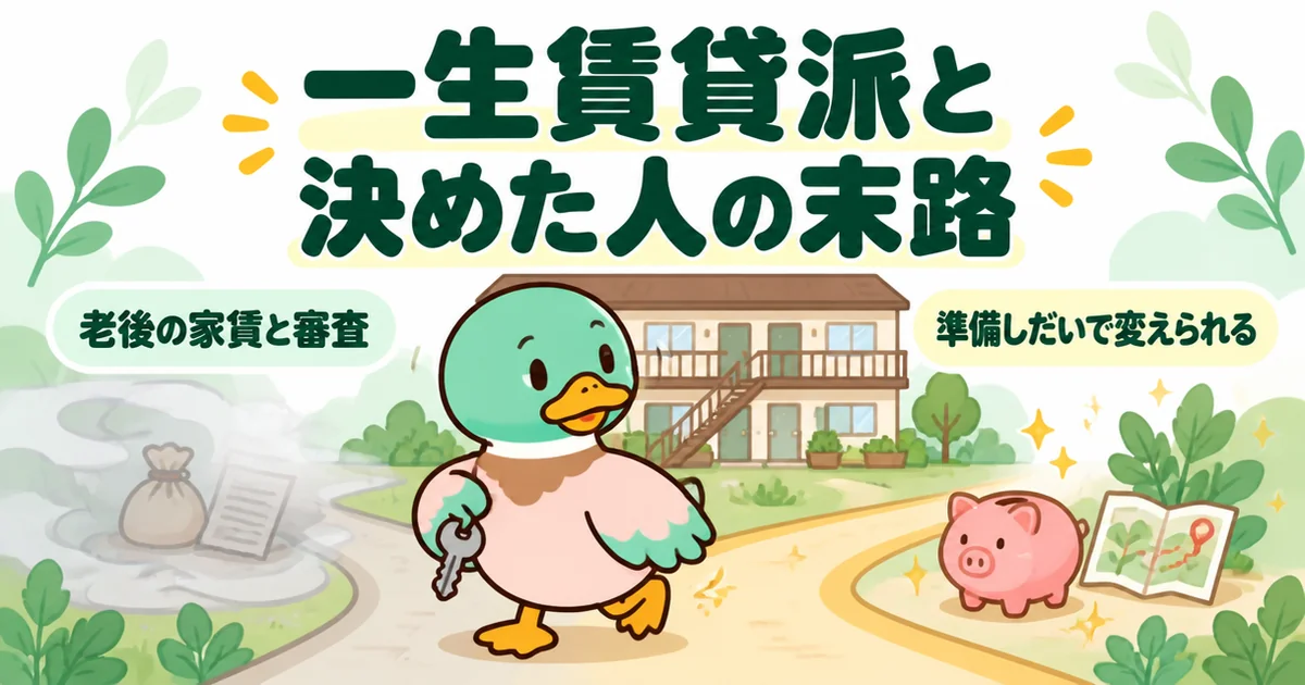 一生賃貸派と決めた人の末路を、老後の家賃と審査の霧の道と準備をした明るい道の分かれ道で示すあいみつのイラスト。