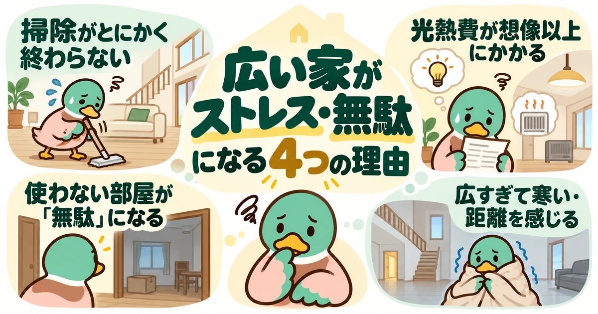 広い家で感じやすい掃除、光熱費、空き部屋、寒さの悩みを整理した図。
