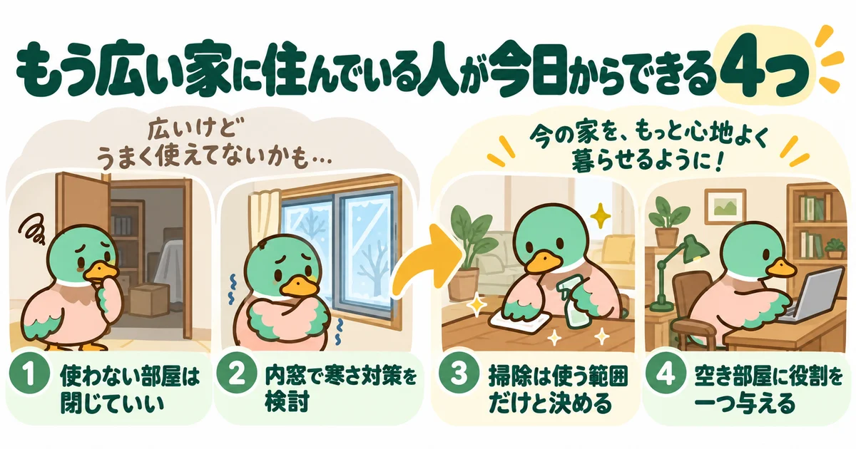 広い家で今から取り組める四つの工夫を示すあいみつ。