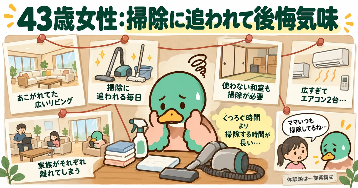 広い家の掃除に追われる四十三歳女性のカモ。