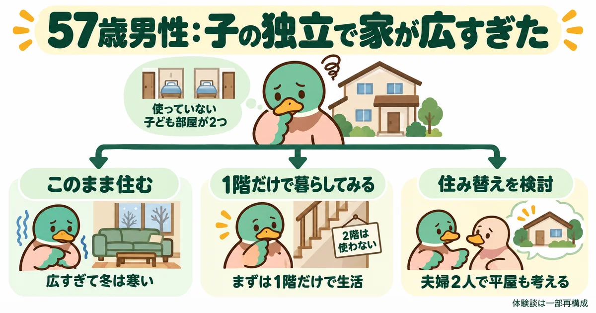 子どもの独立後に家の広さを感じる五十七歳男性のカモ。