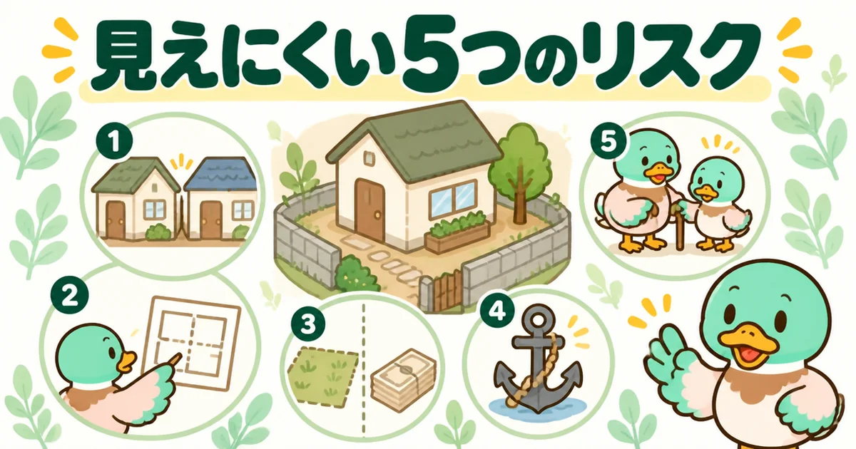 義理の親の土地に家を建てるなと言われる5つのリスク（距離・口出し・相続・引っ越せない・介護）を番号つきの絵で並べた図解。