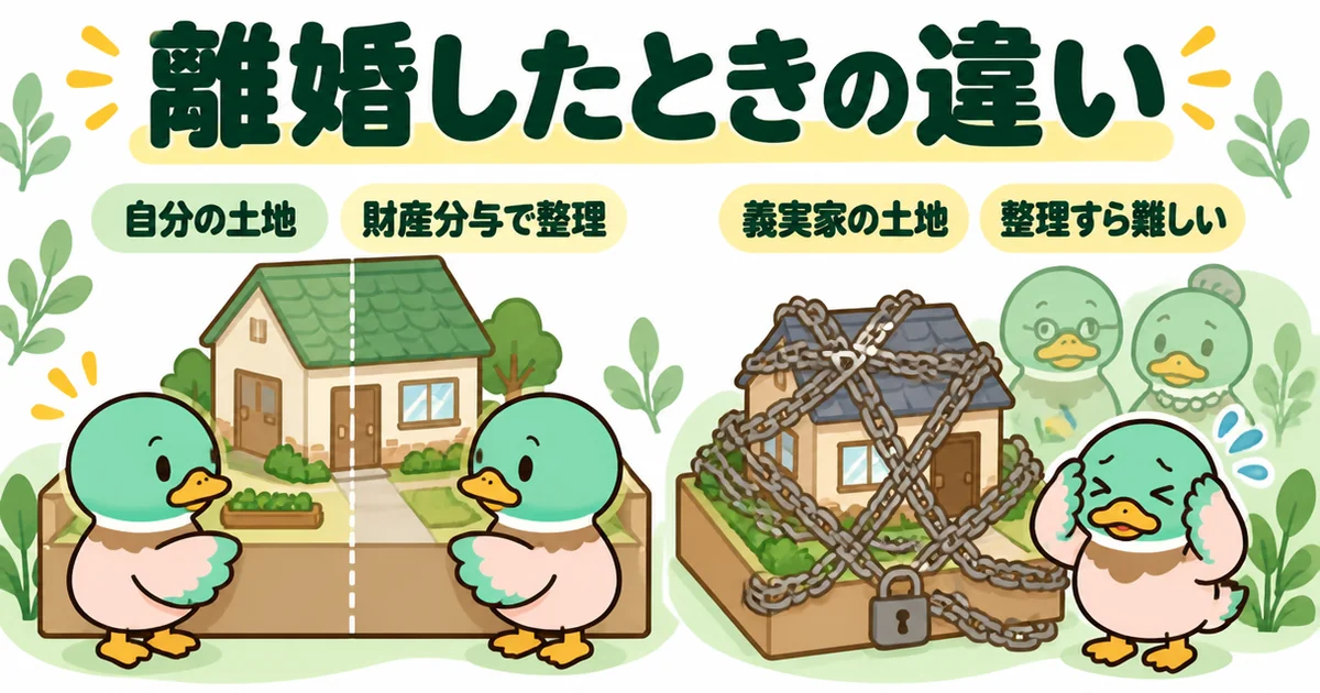 離婚したとき、自分の土地なら財産分与で整理できるが、義理の親の土地に家を建てると整理すら難しいことを左右で比べた図解。