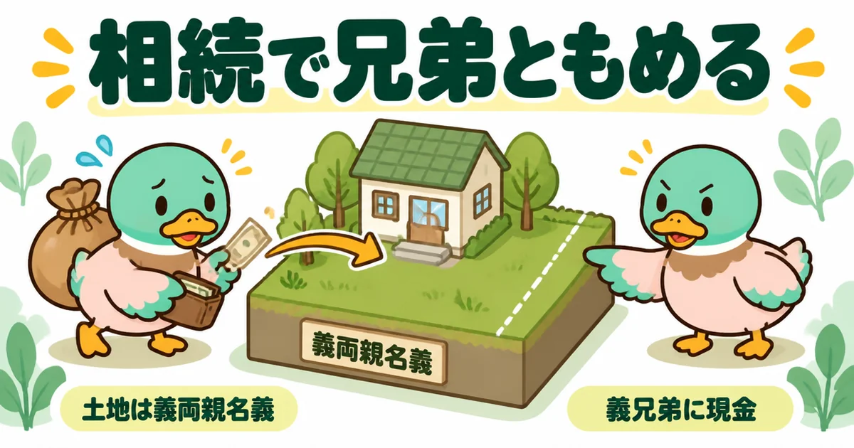 義理の親の土地に家を建てると相続で配偶者の兄弟ともめ、家の建つ土地の代わりに現金を払うことになる流れの関係図。