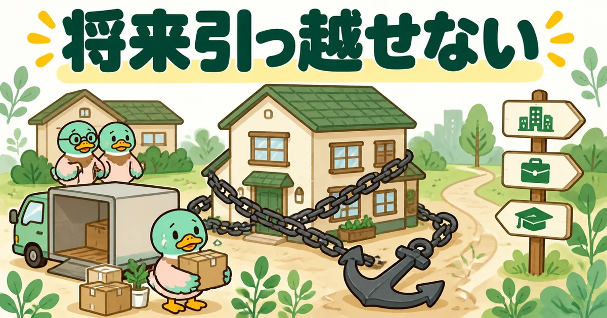 義実家の土地に建てた家が錨でつながれ、転勤や転職、子どもの進学でも将来引っ越せないことを表したイラスト。
