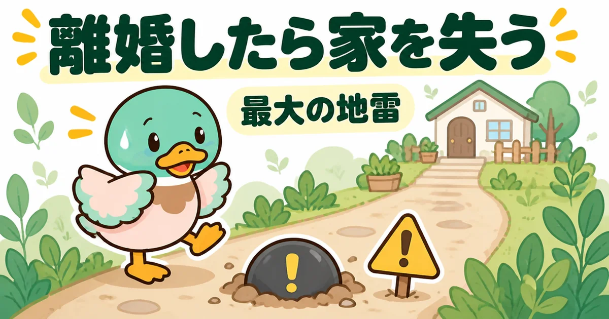 義理の親の土地に家を建てる最大の地雷は、離婚したら家を失うことだと示す注意標識とあいみつのイラスト。