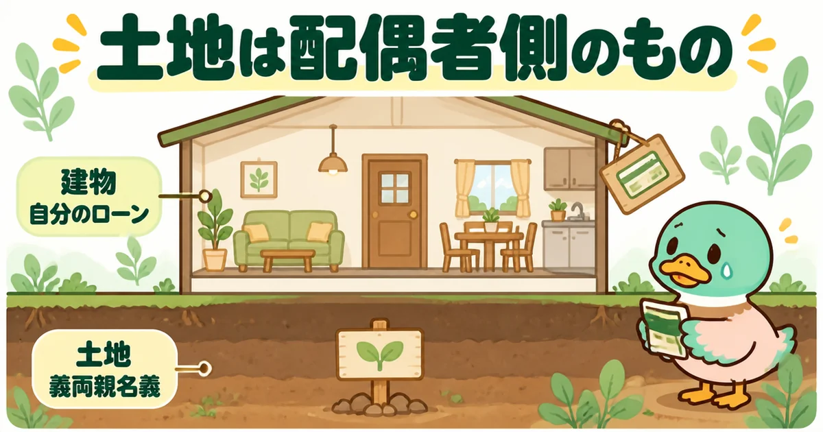 義実家の土地では土地の権利が配偶者側にあり、離婚するとローンだけ残って家に住めなくなることを示す断面図。