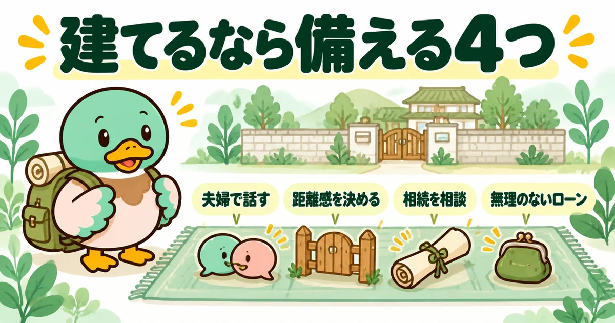 義理の親の土地に家を建てるなら備える4つ（夫婦の話し合い・距離感・相続の相談・無理のないローン）を装備として並べたイラスト。