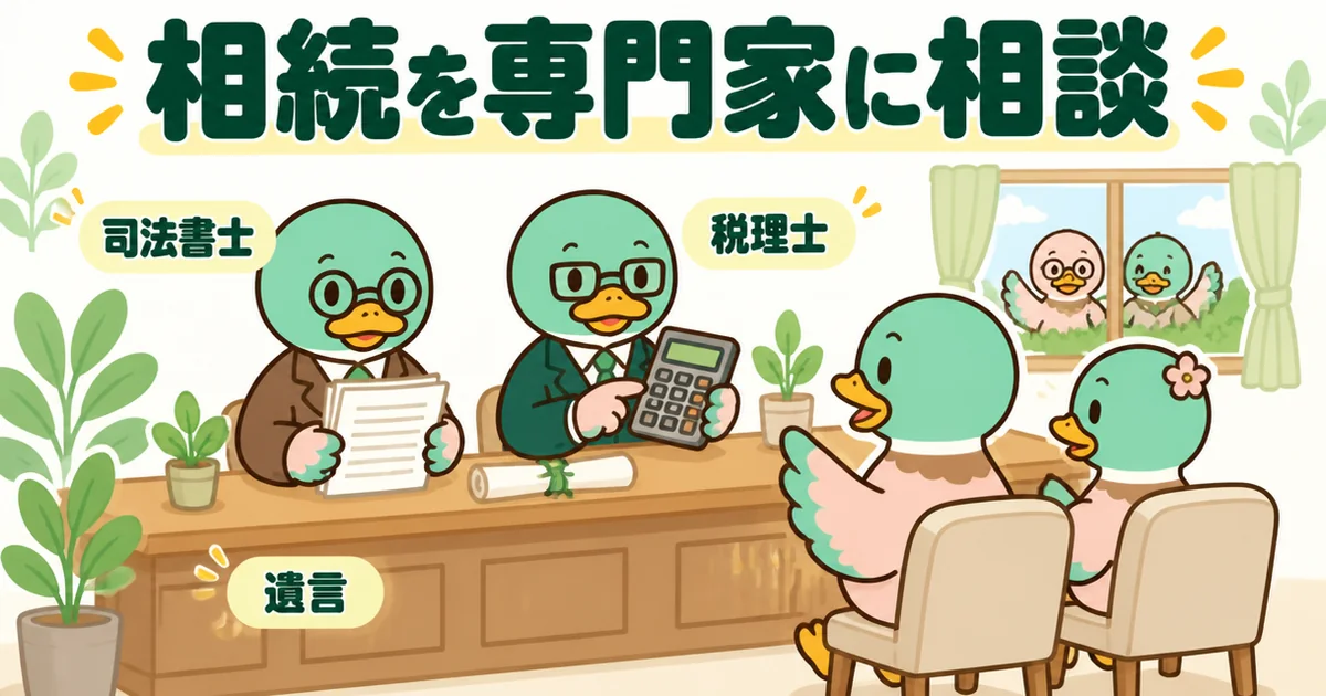 義理の親の土地に家を建てる前に、義両親が元気なうちに司法書士や税理士へ相続と遺言を相談するカモ夫婦のイラスト。