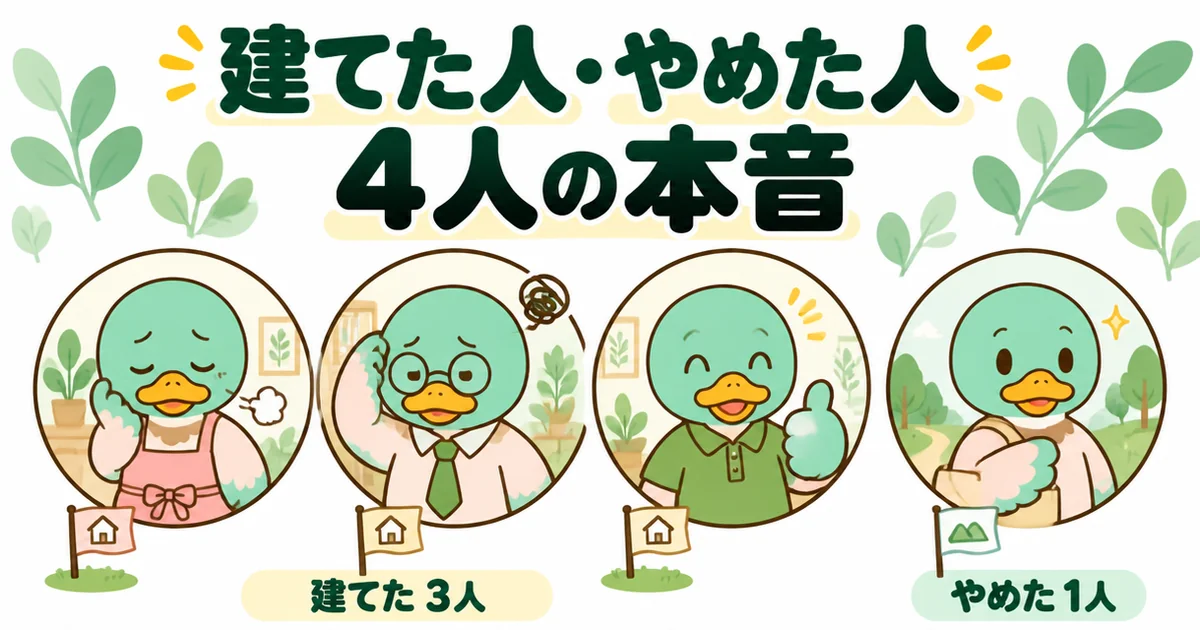 義実家の土地に建てた3人とやめて別の土地を買った1人、あわせて4人の本音を表情の違う4羽のカモで示したイラスト。