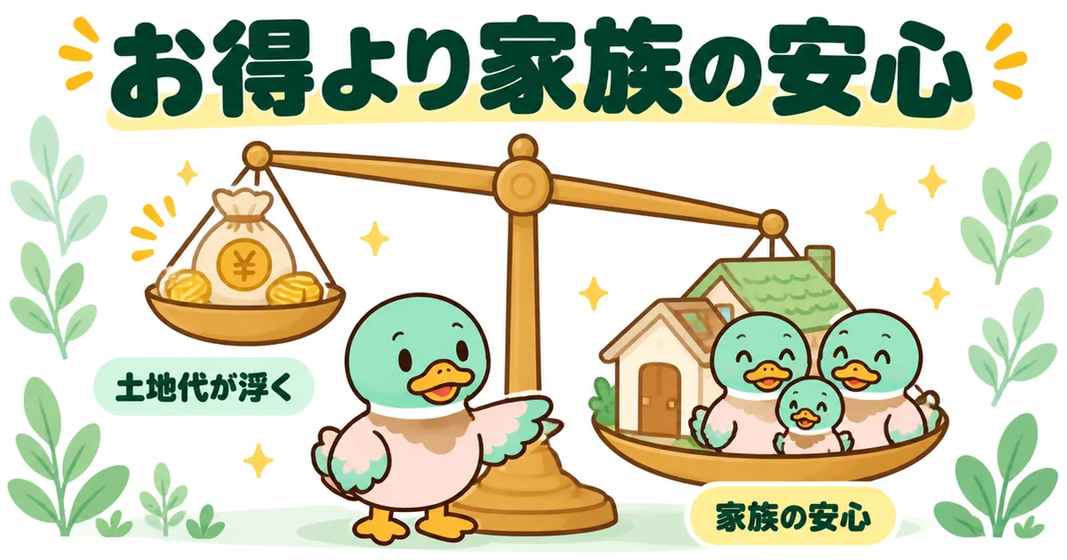 義理の親の土地に家を建てるかは、浮く土地代のお得より家族の安心を優先しようと天秤で示すあいみつのイラスト。