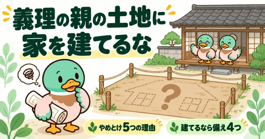 義理の親の土地に家を建てるなと言われる理由を考えるあいみつと、義実家の母屋のすぐ横にある建築予定の空き地のイラスト。