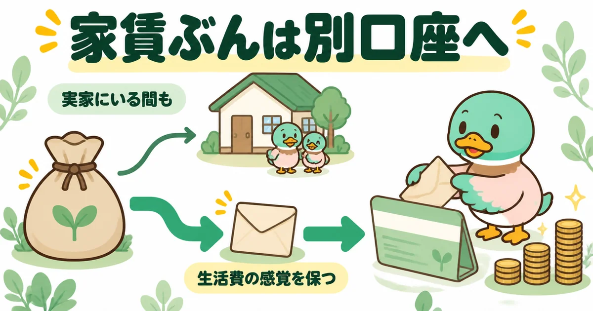 実家にいる間も、もったいないと感じていた家賃ぶんを自分の口座に積み立てて生活費の感覚を保つ流れの図解。