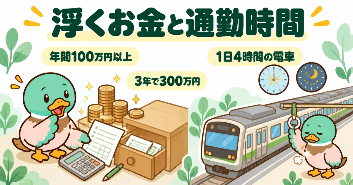 家賃9万円なら実家に戻ると年間100万円以上、3年で300万円浮くが、通勤は1日4時間の電車になると比べた図解。