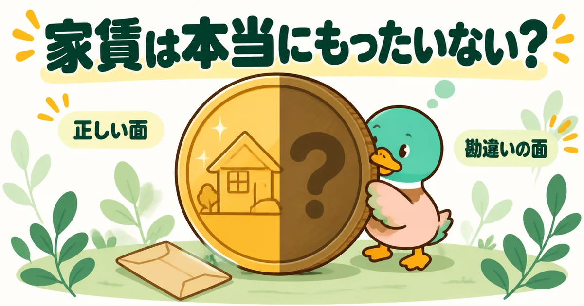 家賃は本当にもったいないのかを、正しい面と勘違いの面がある大きなコインをのぞくあいみつで表したイラスト。