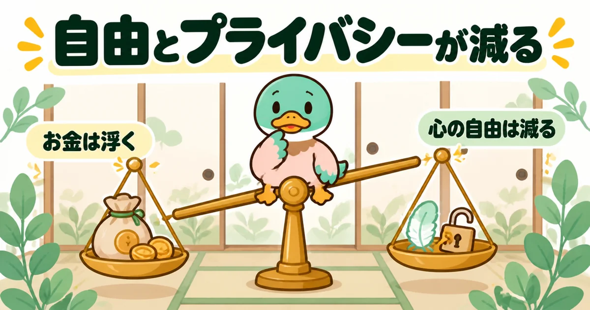 実家に戻ると家賃のお金は浮くが自由とプライバシーが減ることを、天秤にかけて迷うあいみつのイラスト。