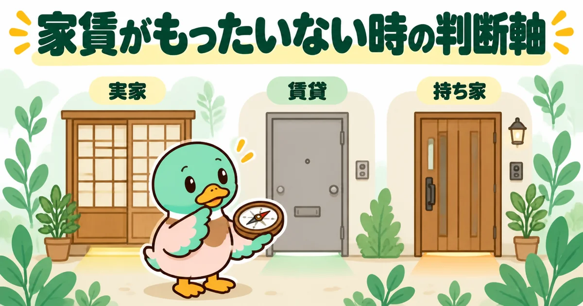 家賃がもったいない時に実家・賃貸・持ち家のどれを選ぶかの判断軸を、3つの扉と方位磁石で表したイラスト。