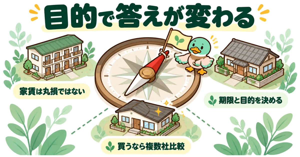 家賃がもったいないかどうかの答えは目的で変わることを、方位磁石と賃貸・実家・持ち家の3軒で示すまとめのイラスト。
